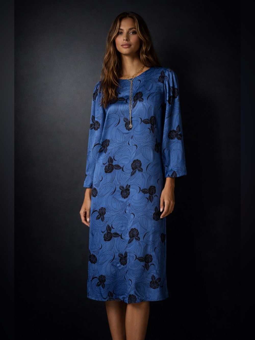 Vintage Floral Satin Midi Dress Draped Silhouette